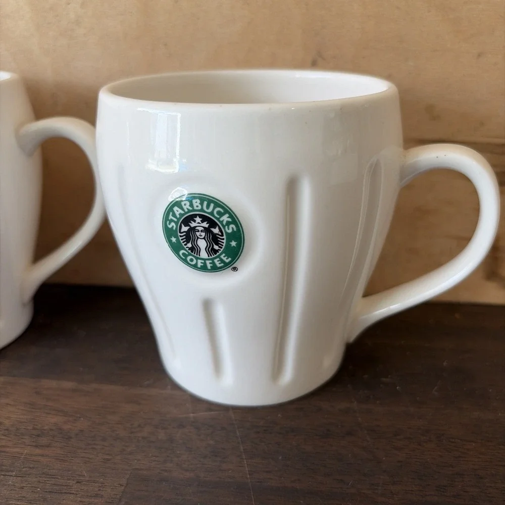 Pair Of 2003 Starbucks Siren Coffee Mug White Fluted Barista Set of Two Vintage